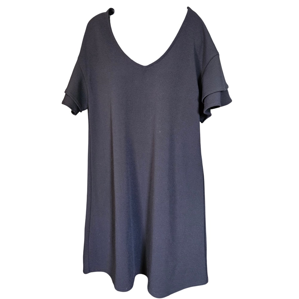 Massini Women Black Ruffle Short Sleeve V-Neck Shift Mini Dress Size Medium NWT